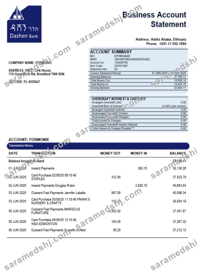 Dashen bank company statement Word and PDF format